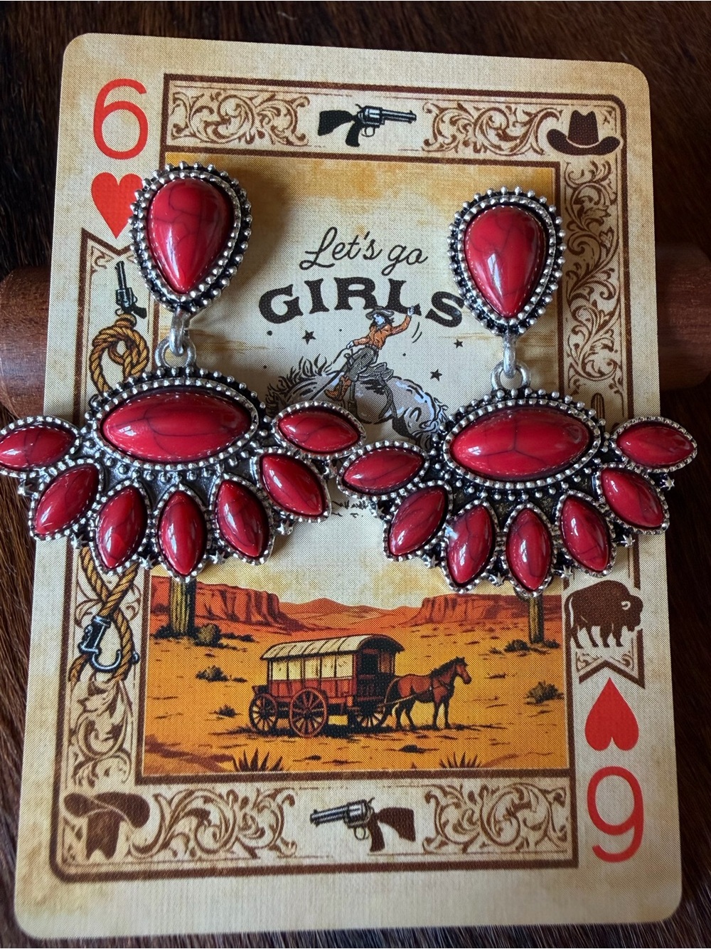 Western Red Stone Statement Dangle Fan Earrings Silver Tone Boho Chic NEW